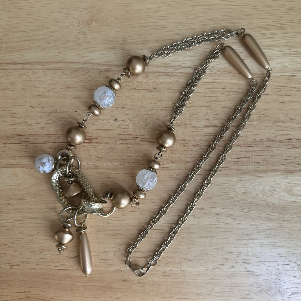 Vintage Fashion Necklace 28 Inch Ball Beads Dangle Pendant Gold Tone Metal Chain